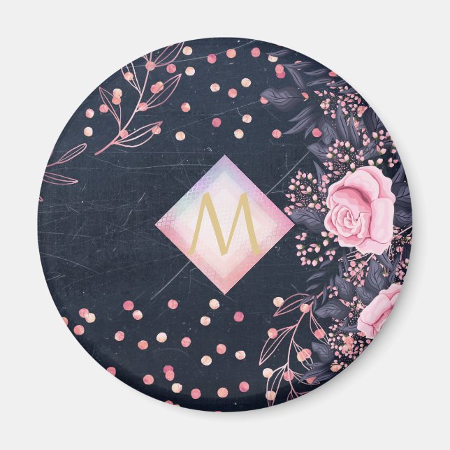 Navy Roséguld Monogrampresenter Rosa Blommig Flick Magnet (Framsidan)