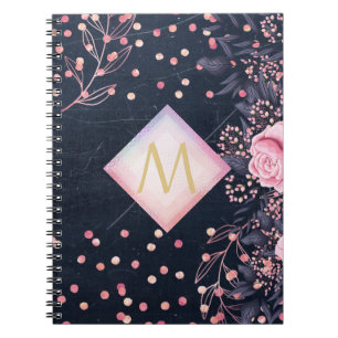 Navy Roséguld Monogrampresenter Tjejaktig Blommig Anteckningsbok