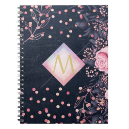Navy Roséguld Monogrampresenter Tjejaktig Blommig  Anteckningsbok