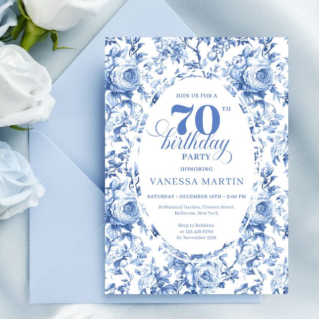 Navy Roses 70th Birthday Chic Floral Invitation Inbjudningar (Navy Roses 70th Birthday Chic Floral Invitation)