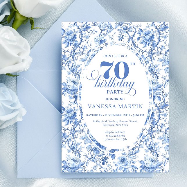 Navy Roses Floral Elegant 70th Birthday Invitation Inbjudningar (Navy Roses Floral Elegant 70th Birthday Invitation)
