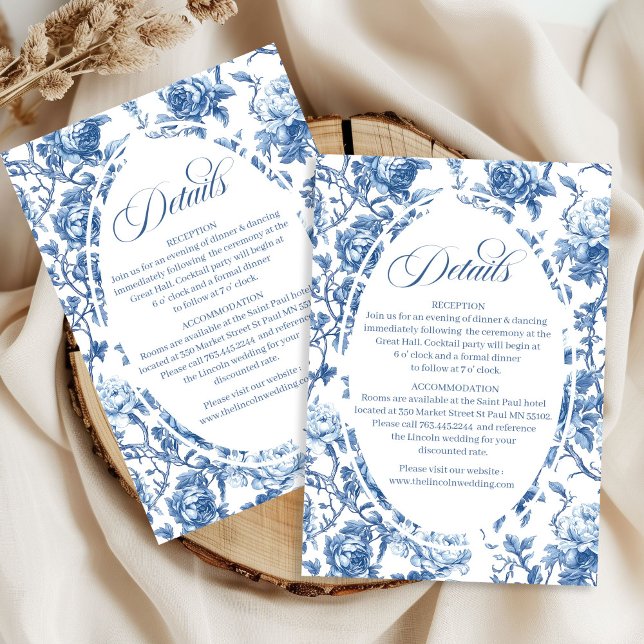 Navy Roses Wedding Floral Elegant Details Card Tilläggskort (French toile de jouy roses,
Luxurious navy flowers wedding inforamtion,
dusty Blue flowers botanical)