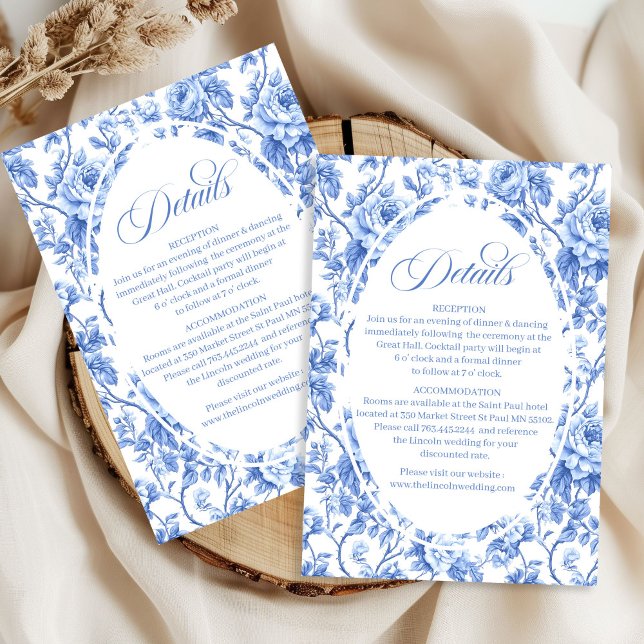 Navy Rosor Toile Bröllop Klassiska Detaljer Kort (Navy Roses Toile Wedding Classic Details Card)