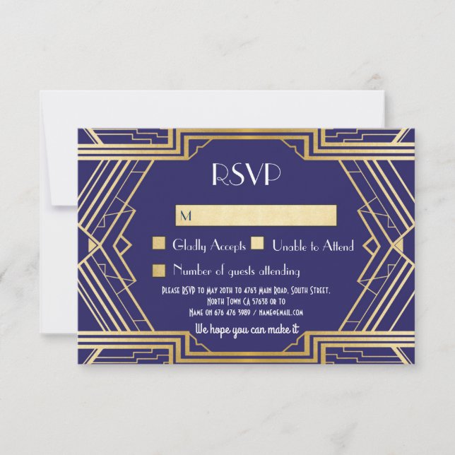 Navy RSVP-kort Vintage Gatsby bröllopsinbjudningar Inbjudningar (Framsida)