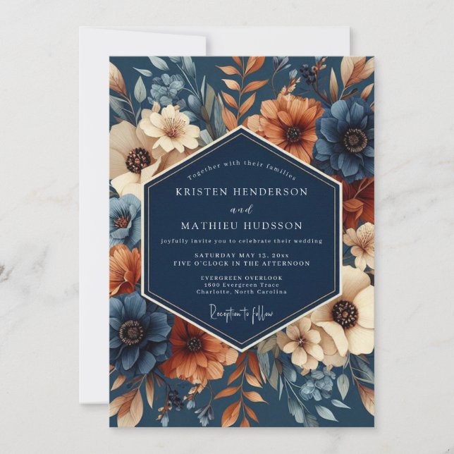 Navy Rust Artistic Flora Wedding Inbjudningar (Framsida)
