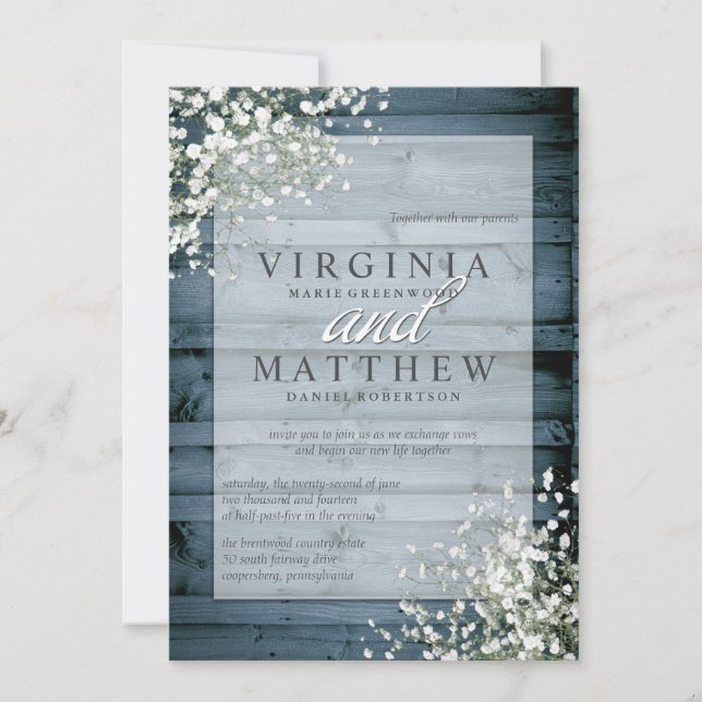 NAVY RUSTIC BABYS BREATH WEDDING-INVITATION INBJUDNINGAR (Framsida)