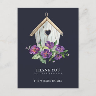 NAVY RUSTIC BLOMMIGT BIRDHOUSE REALTOR TACK MEDDELANDE VYKORT