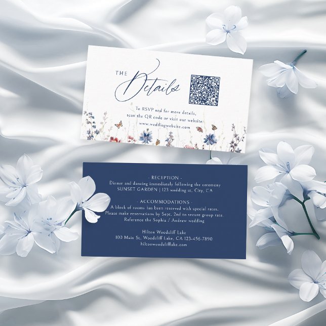 Navy Rustic Wildflower QR Code Mini Details Placeringskort (Navy Rustic Wildflower QR Code Mini Details Place Card)