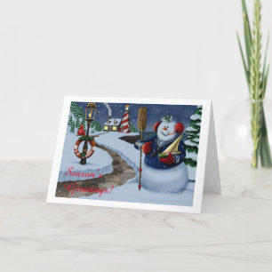 Navy Sailor Snögubbe at Lighthouse Helgdag Card Helgkort