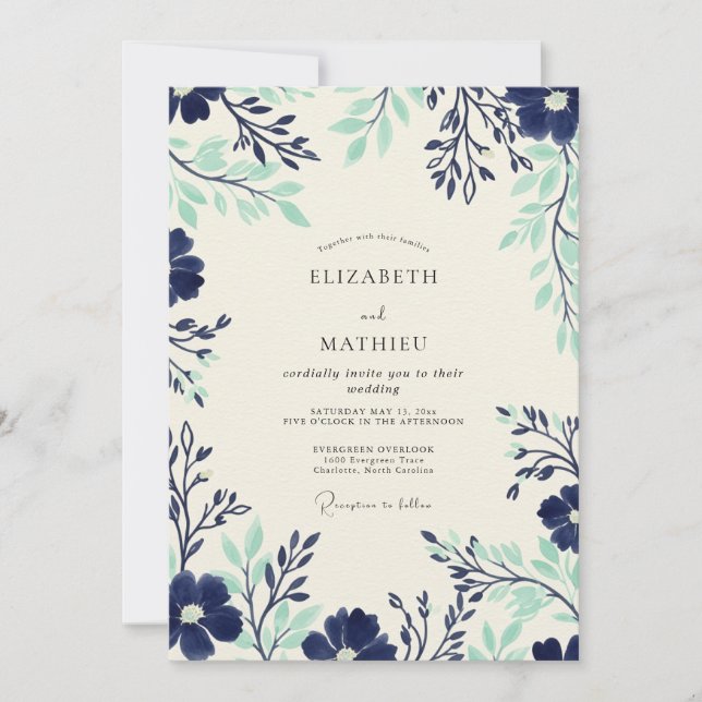 Navy Seafoam Timeless Botanical Wedding Inbjudningar (Framsida)