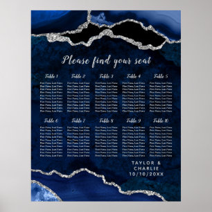 Navy Silver Agat Bröllopsplatskarta 10 Bord Poster