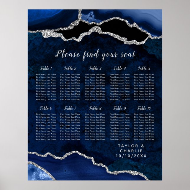 Navy Silver Agat Bröllopsplatskarta 10 Bord Poster (Framsidan)