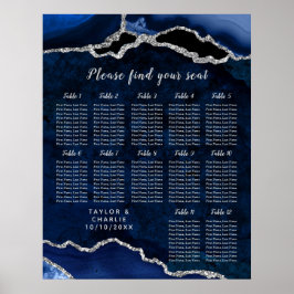 Navy Silver Agate Wedding Seating Chart 12 Table Poster