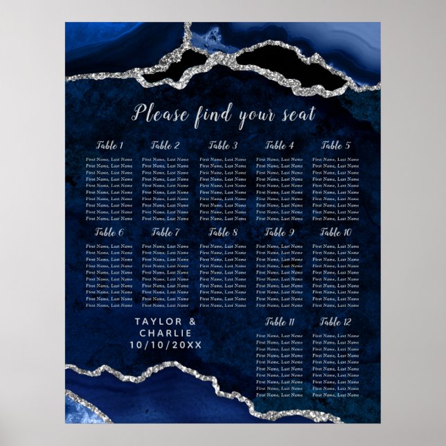 Navy Silver Agate Wedding Seating Chart 12 Table Poster (Framsidan)