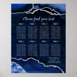 Navy Silver Agate Wedding Seating Chart 8 Table Poster