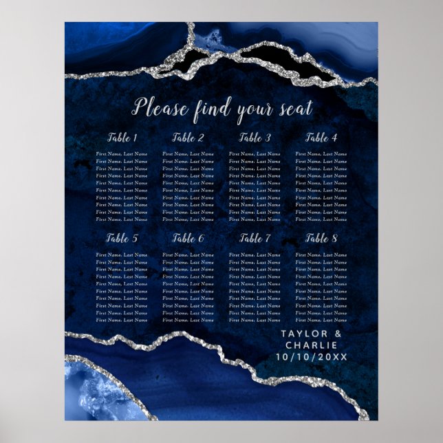 Navy Silver Agate Wedding Seating Chart 8 Table Poster (Framsidan)