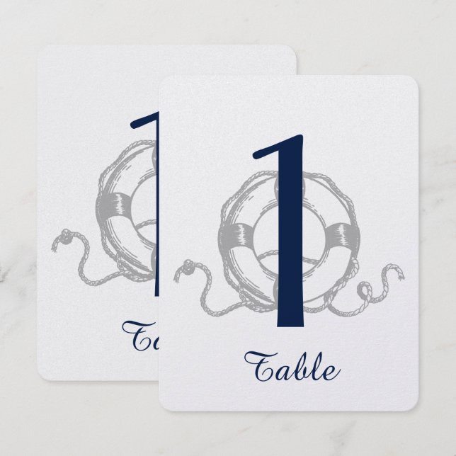 Navy Silver Ankar Strand Bröllop Bord Nummer Inbjudningar (Fram/baksida)