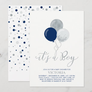 Navy & Silver Ballonger   Det är en Pojke Baby Sho Inbjudningar