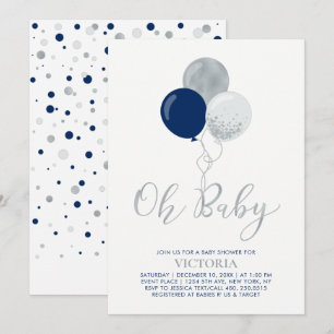 Navy & Silver Ballonger   Oh Baby Boy Baby Shower Inbjudningar