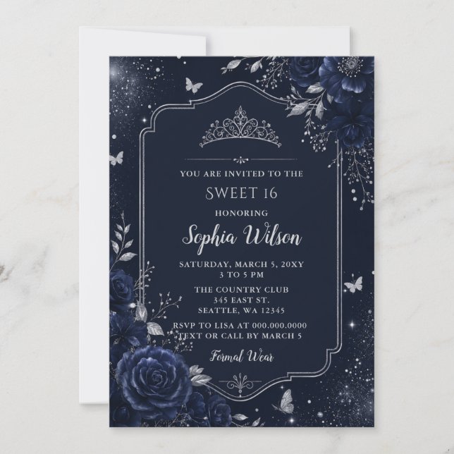 Navy Silver Blommig Fjäril Sweet 16 Inbjudningar (Framsida)