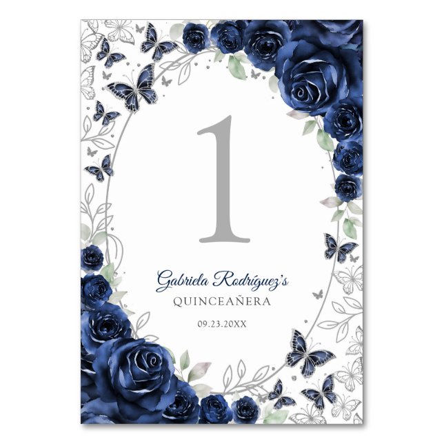 Navy Silver Blommig Quinceanera Bordsnummer (Framsidan)