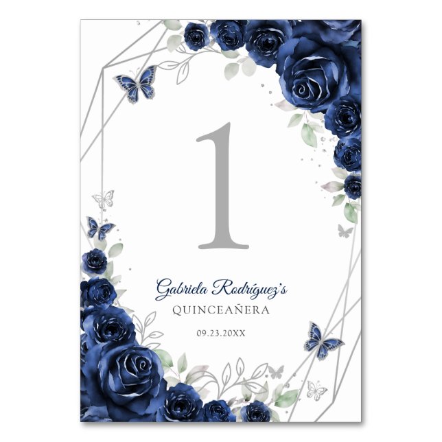 Navy Silver Blommig Quinceanera Bordsnummer (Framsidan)