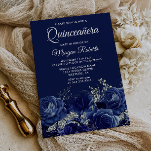 Navy & Silver Blommig Quinceanera-fest Inbjudningar