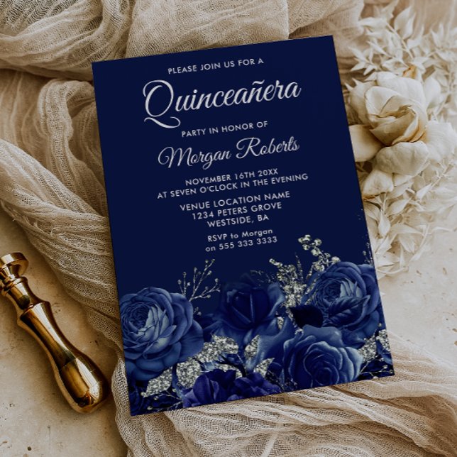 Navy & Silver Blommig Quinceanera-fest Inbjudningar (Skapare uppladdad)