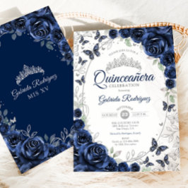 Navy Silver Blommig Quinceanera Inbjudningar