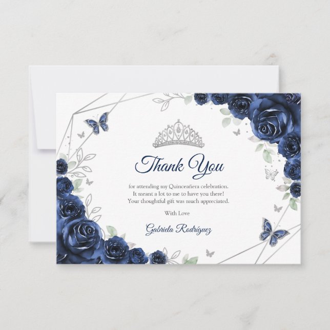 Navy Silver Blommig Quinceanera Tack Kort (Framsida)