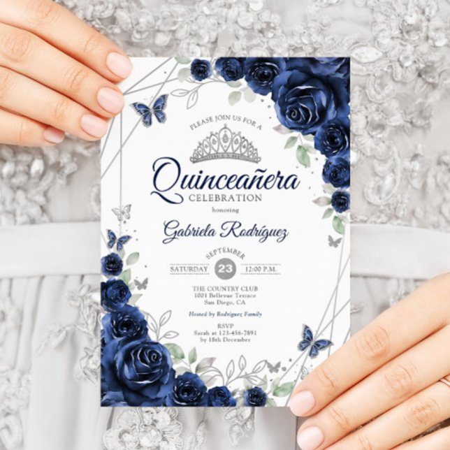 Navy Silver Blommigt Quinceanera Inbjudningar (Skapare uppladdad)