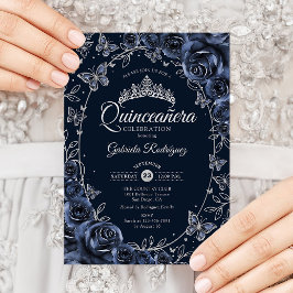Navy Silver Butterflies Roses Quinceanera Inbjudningar