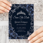 Navy Silver Butterflies Roses Quinceanera Spara Datumet<br><div class="desc">Navy Blue and silver Quinceanera celebration Save The Date card. Features,  script font,  butterflies,  watercolor roses and tiara. Perfect for an elegant princess style glam celebration. Personalize with your own details. Printed Zazzle cards or instant download digital printable template.</div>