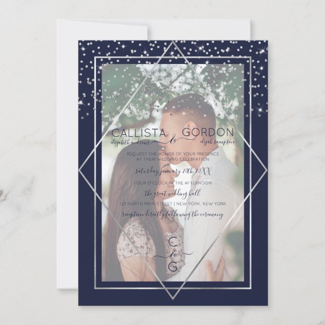 Navy Silver Confetti Geo Gräns Photo Bröllop Inbjudningar (Framsida)
