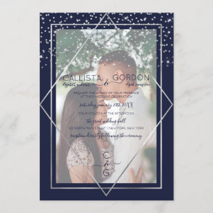 Navy Silver Confetti Geo Gräns Photo Bröllop Inbjudningar