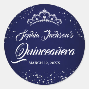 Navy Silver Diamant Glänsande Tiara Quinceanera Runt Klistermärke