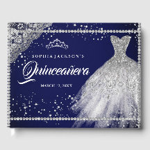 Navy Silver Diamond Glitter Klänning Quinceanera
