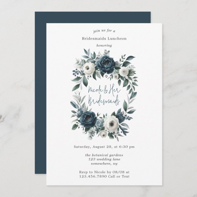 Navy & Silver Elfenbensvit Blommig Brudtärna Lunch Inbjudningar (Fram/baksida)