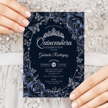 Navy Silver Fjärilar Rosor Quinceanera