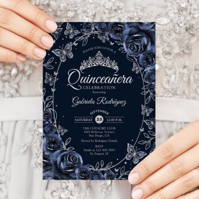 Navy Silver Fjärilar Rosor Quinceanera Inbjudningar (Skapare uppladdad)