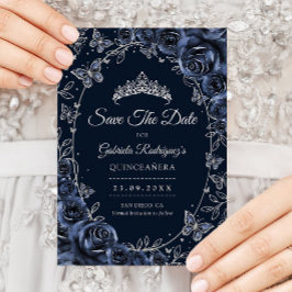 Navy Silver Fjärilar Rosor Quinceanera Spara Datumet