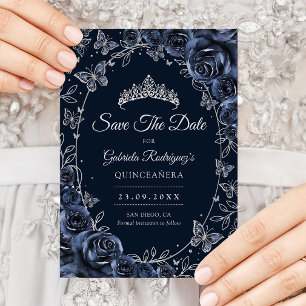Navy Silver Fjärilar Rosor Quinceanera Spara Datumet