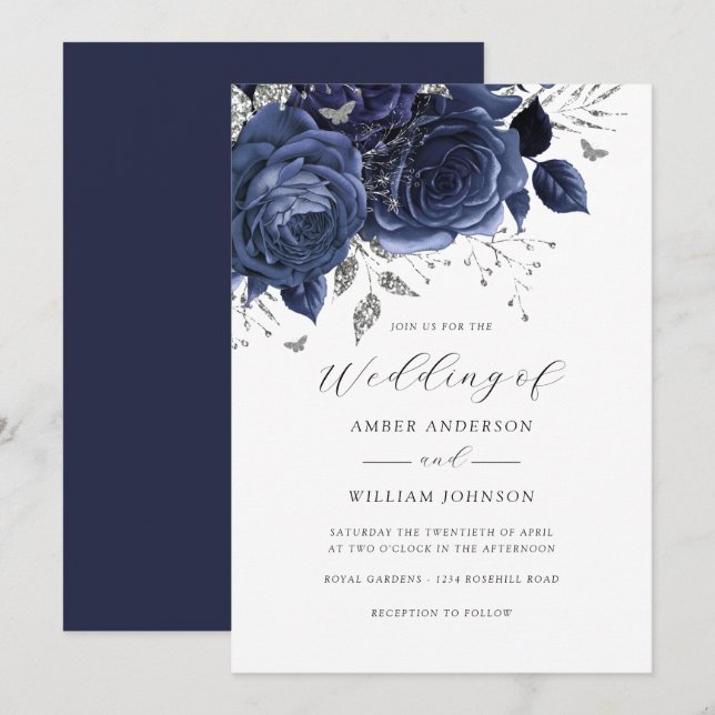 Navy Silver Floral Rose Wedding   Inbjudningar (Fram/baksida)