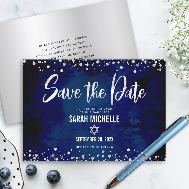 Navy Silver Glitter Bat Mitzvah Manus Modern Fetst Spara Datumet (Skapare uppladdad)
