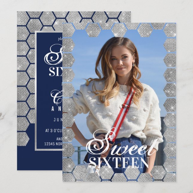 Navy Silver Glitter Hexagon Geo Photo Sweet 16 Inbjudningar (Fram/baksida)