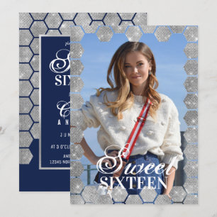 Navy Silver Glitter Hexagon Geo Photo Sweet 16 Inbjudningar