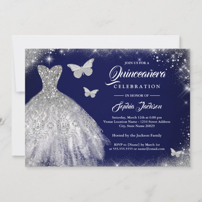 Navy Silver Glitter Klänning Fjäril Quinceanera  Inbjudningar (Framsida)