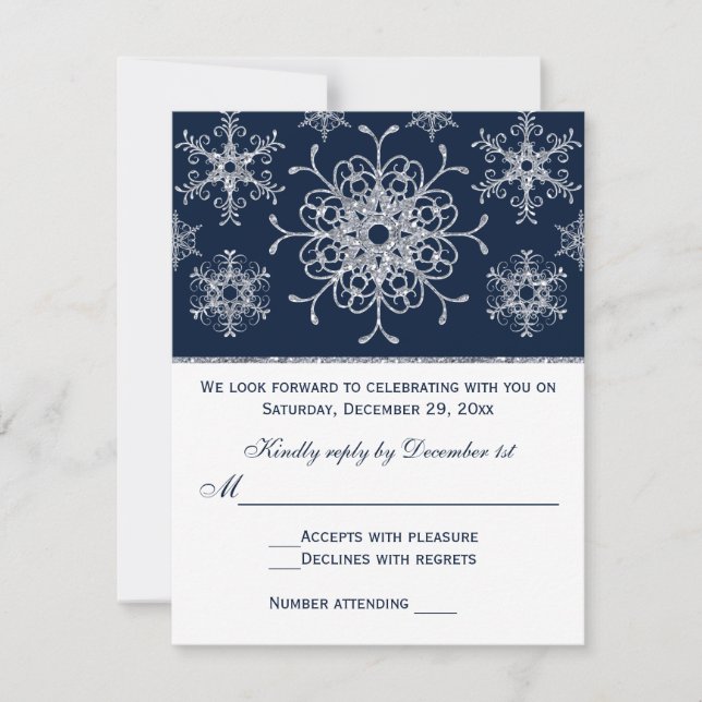 Navy Silver Glitter LOOK Snöflingor RSVP-kort OSA Kort (Framsida)