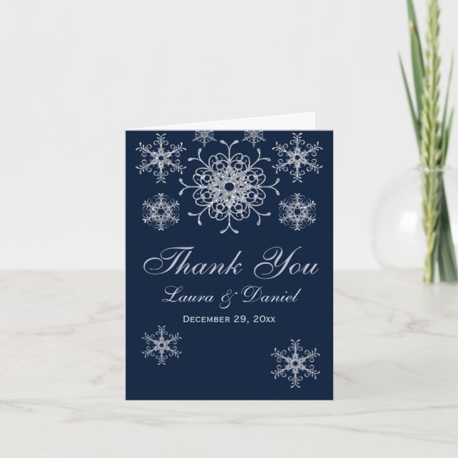 Navy Silver Glitter LOOK Snowflakes Thank You Card Tack Kort (Framsida)