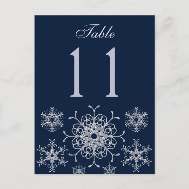 Navy Silver Glitter Snöflingor Bordsnummer Card (Framsida)